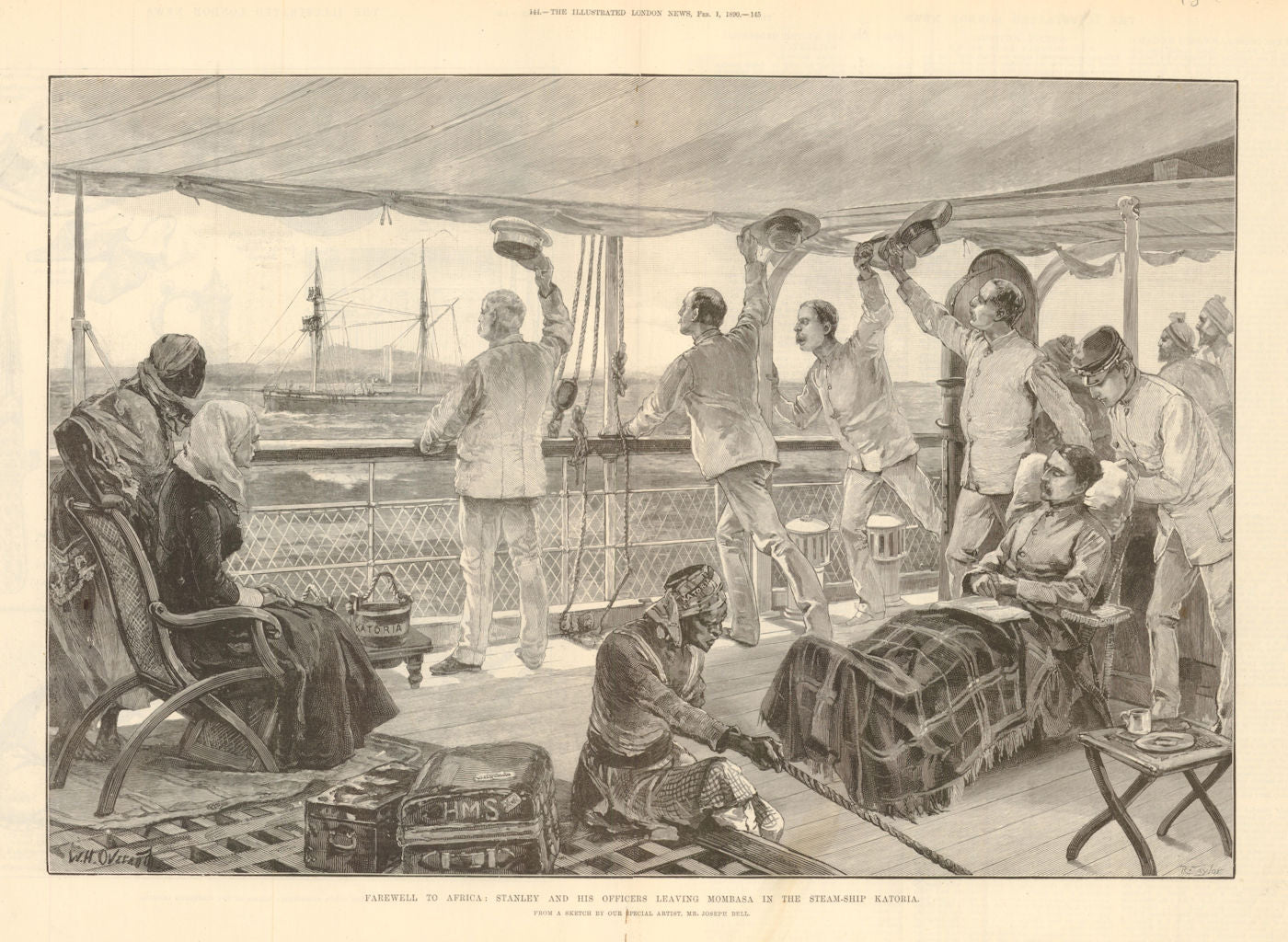 HM Stanley & officers leaving Mombasa in the SS Katoria. Kenya 1890 old print